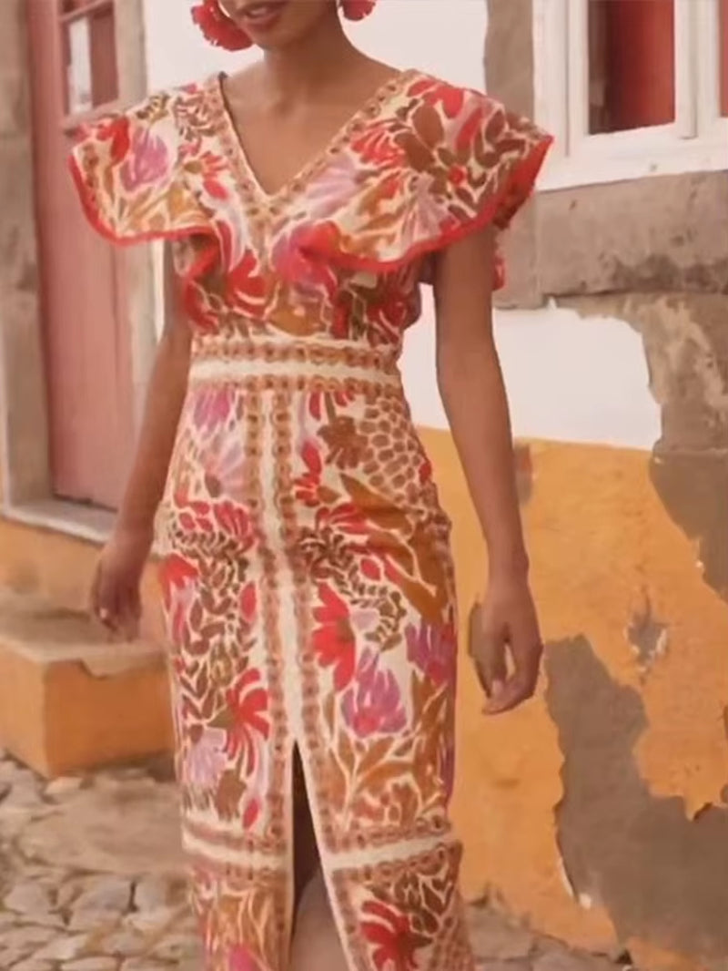 2025 Summer backless print dress by LYNHURD, featuring a sexy V-neck, butterfly sleeves, and a stylish split.