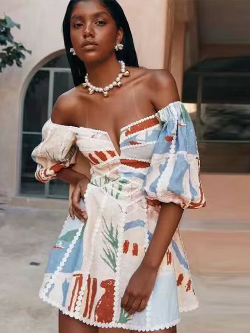 Women's LYNHURD! elegant sexy hollow out V-neck mini robe displayed on a model, showcasing intricate lace details.