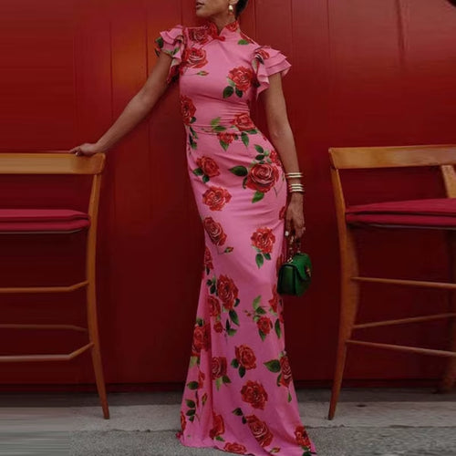 Summer ruffled short sleeved slim long dress in light fabric by LYNHURD, featuring a flowy silhouette and elegant design.