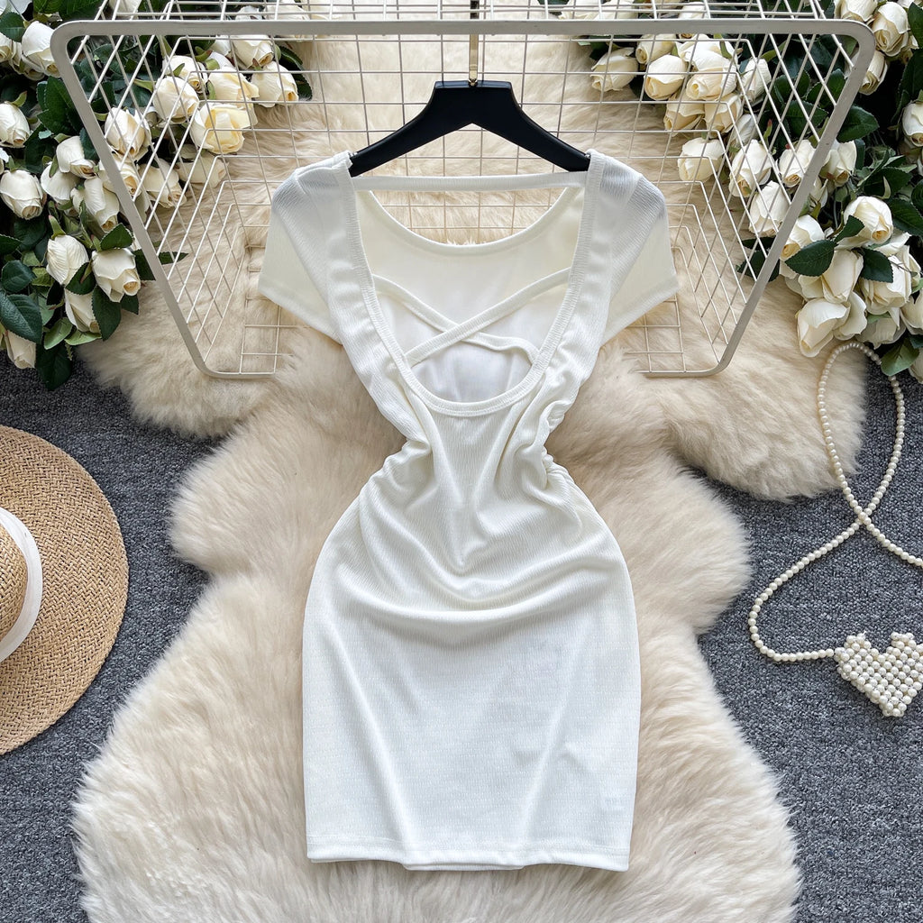 2025 Summer Y2K O-Neck Slim Hip Midi Dress for Women Empire Hollow Out Backless Lace Dress