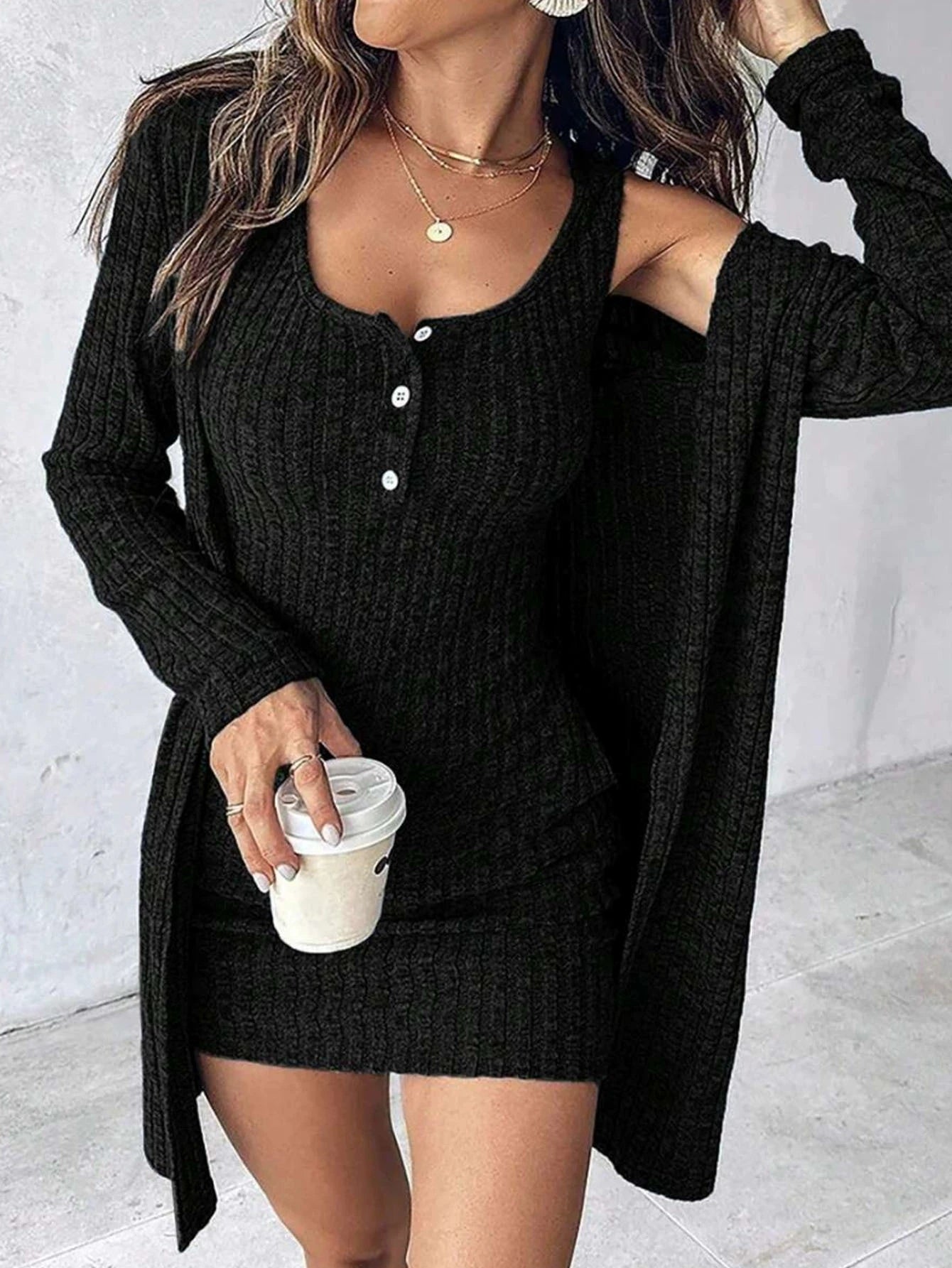Women's Elegant Autumn Fashion Two-Piece Set Plus Size Short Knit Cardigan Dress Solid Pattern Casual Style Daily Wear
