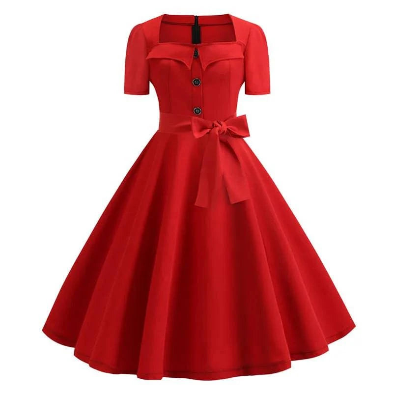 Women’s LYNHURD vintage summer dress with square collar, short sleeves, and midi length, perfect for casual office or party wear.