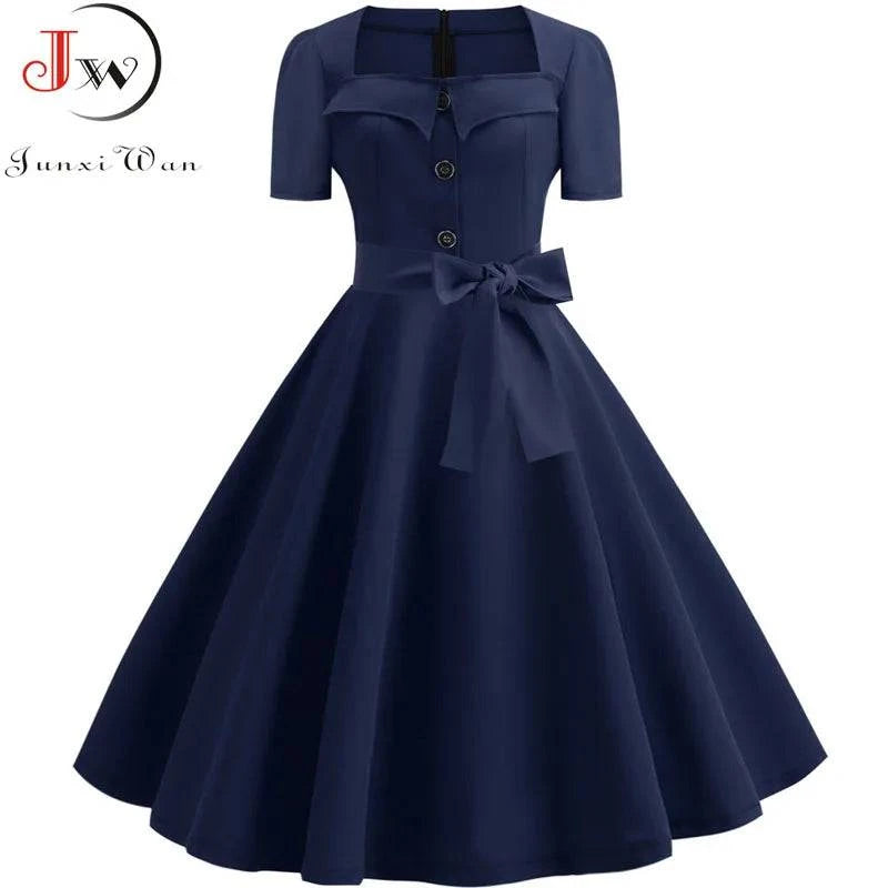 Women’s LYNHURD vintage midi dress with square collar and short sleeves, perfect for casual office or party wear.
