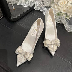 Bride New White Wedding Shoes Women's Stiletto Pointed Toe Satin Pearl Bow High Heels for Ladies