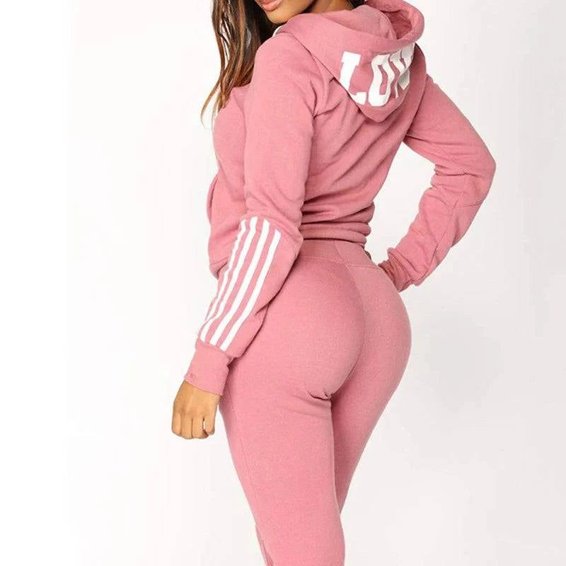 Autumn winter women's tracksuit set by LYNHURD!, featuring a hooded sweatshirt and jogger pants in a casual print.