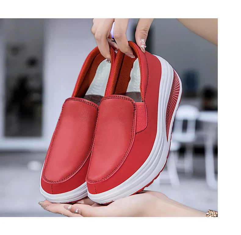 2026 Women's Shoes Spring Genuine Leather Soft Outsole Work Shoes Female Black Swing Woman Plus Size Wedges Single