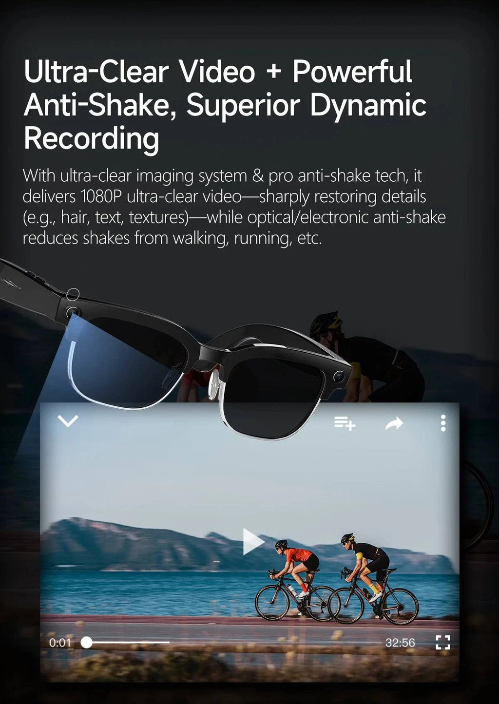 LYNHURD AI Smart Translation Glasses with 8M HD camera and dual microphones for noise reduction and optical stabilization.
