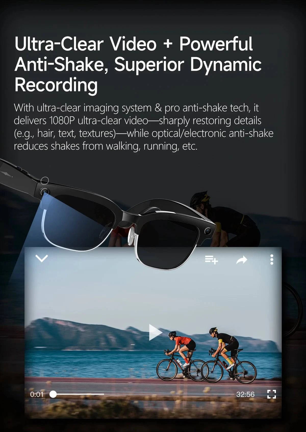 LYNHURD AI Smart Translation Glasses with 8M HD camera and dual microphones for noise reduction and optical stabilization.