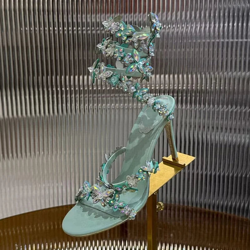 Women Thin High Heels Elastic Strap Gladiator Sandals Bling Rhinestone Flower Decor Sandalias  Summer Bridesmaid Dress Shoes