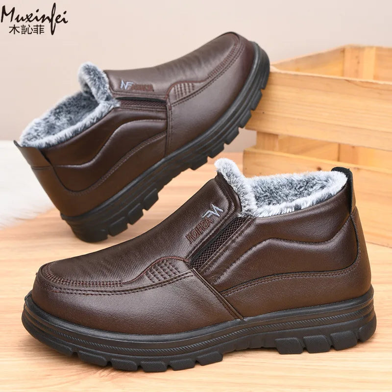 2025 Winter New Leather Boots Waterproof Anti Slip Snow Boots Men's Cotton Shoes Warmth Thickened Cotton Short Boots