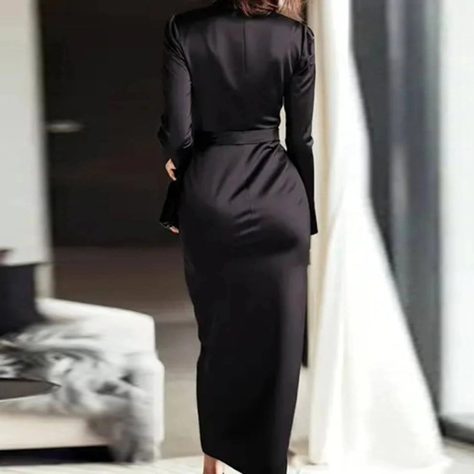 Women’s LYNHURD evening gown featuring a deep V-neck, long sleeves, bodycon fit, and a classic high slit design.