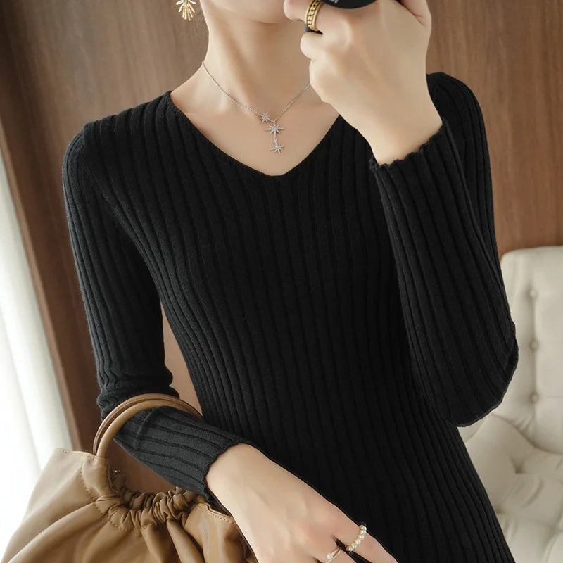 Autumn New Sle Women's Long Sve Knitted Sweater Pure Cotton V-Ne Pullover Slim Fit ort Base Layer Top Casual Sle