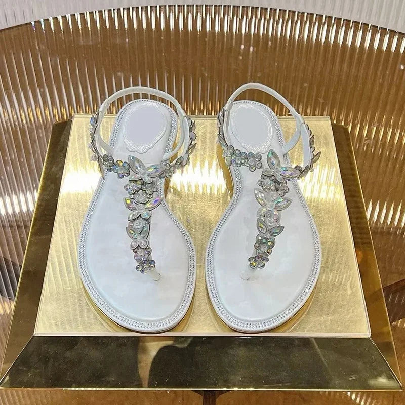 Women Thin High Heels Elastic Strap Gladiator Sandals Bling Rhinestone Flower Decor Sandalias  Summer Bridesmaid Dress Shoes