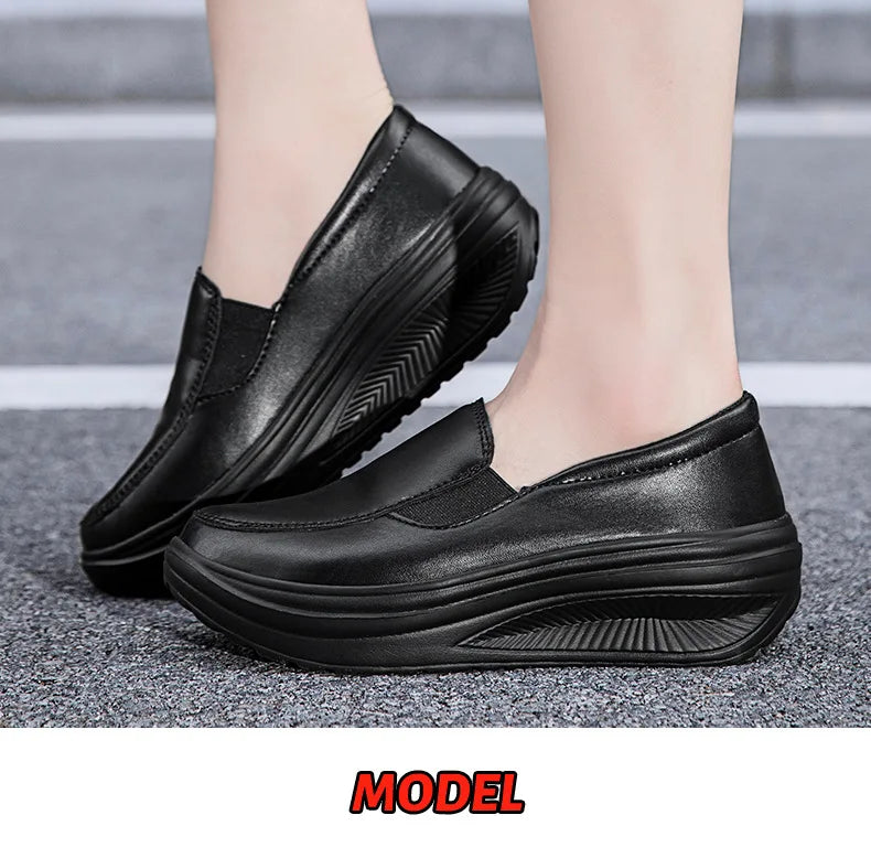 2026 Women's Shoes Spring Genuine Leather Soft Outsole Work Shoes Female Black Swing Woman Plus Size Wedges Single