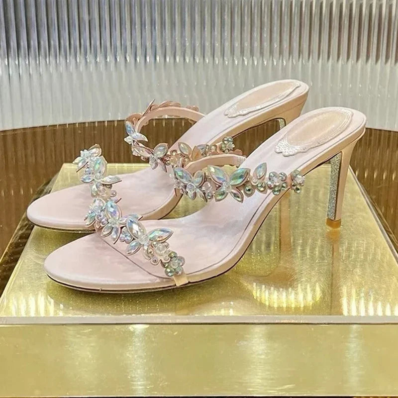 Women Thin High Heels Elastic Strap Gladiator Sandals Bling Rhinestone Flower Decor Sandalias  Summer Bridesmaid Dress Shoes