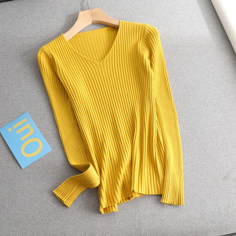 basic v-neck solid autumn winter Sweater Pullover Women Female Knitted sweater slim long sleeve