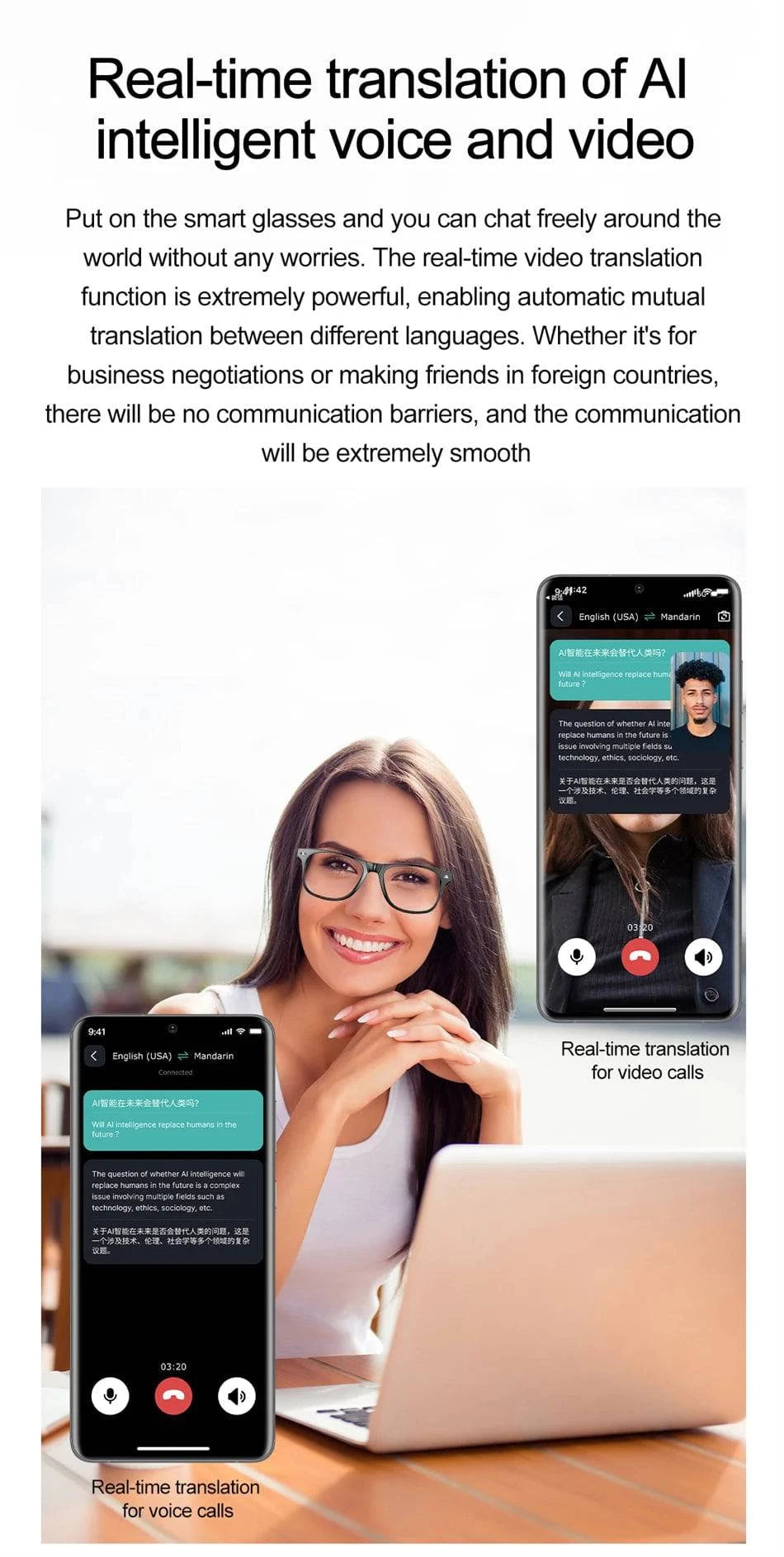 LYNHURD smart glasses for men with anti-blue lens, voice assistant, and intelligent translation features.