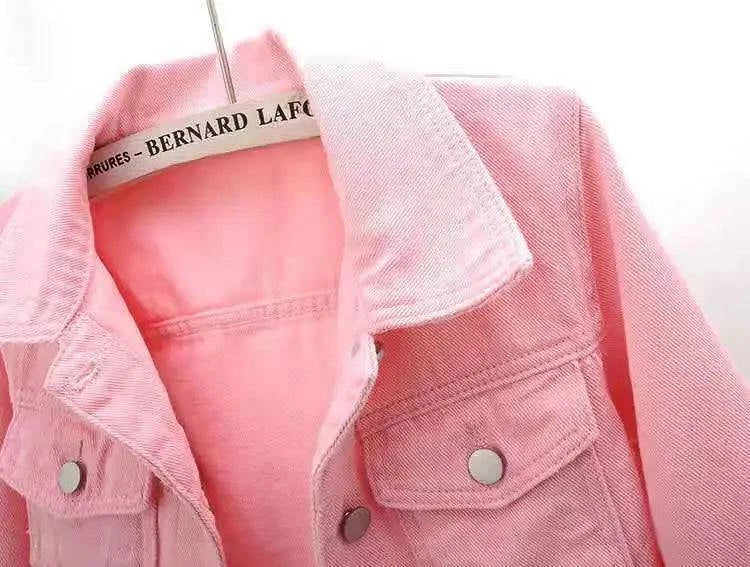 Pink denim jacket by LYNHURD, featuring a casual loose fit, ideal for spring and autumn wear.