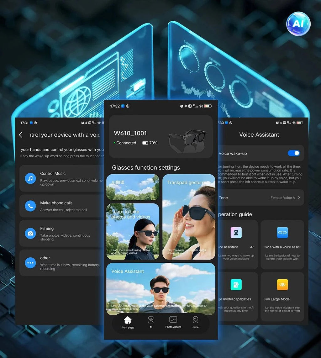 LYNHURD smart glasses featuring Bluetooth, a camera, and AI photo recognition for video recording and translation.