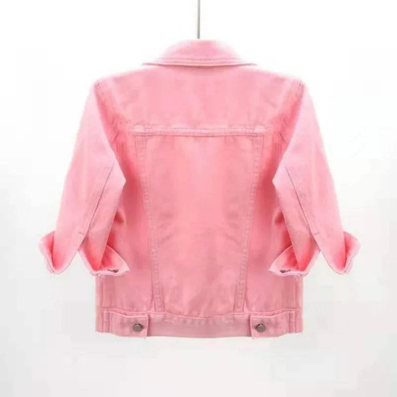 Pink denim jacket by LYNHURD, featuring a loose fit, casual style, and a stylish design suitable for spring and autumn.