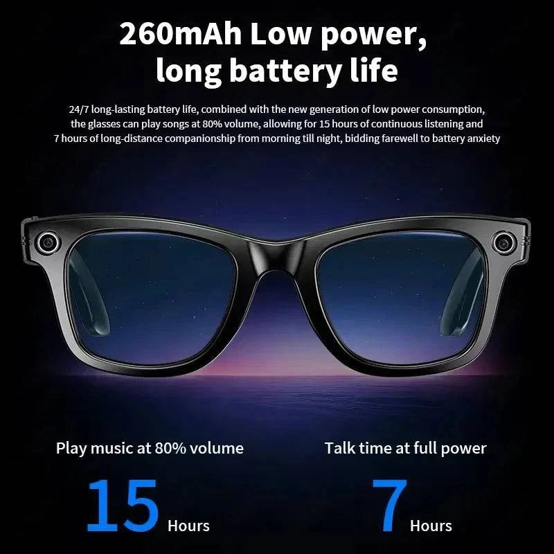 LYNHURD smart glasses with Bluetooth, camera, video recording, AI photo recognition, and language translation features.