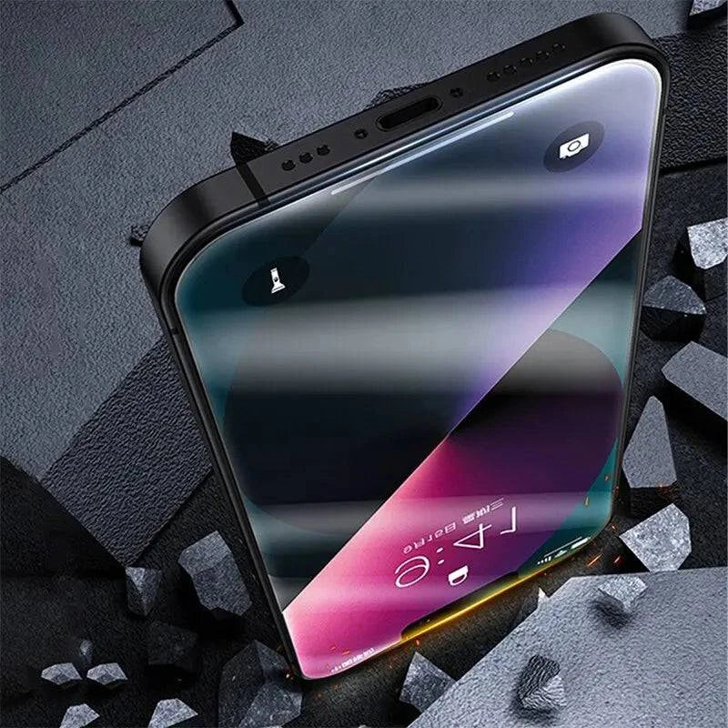 4PCS LYNHURD privacy screen protectors for iPhone 14 Pro Max, 13, 15, 12, 11 Pro Max, featuring anti-spy tempered glass.