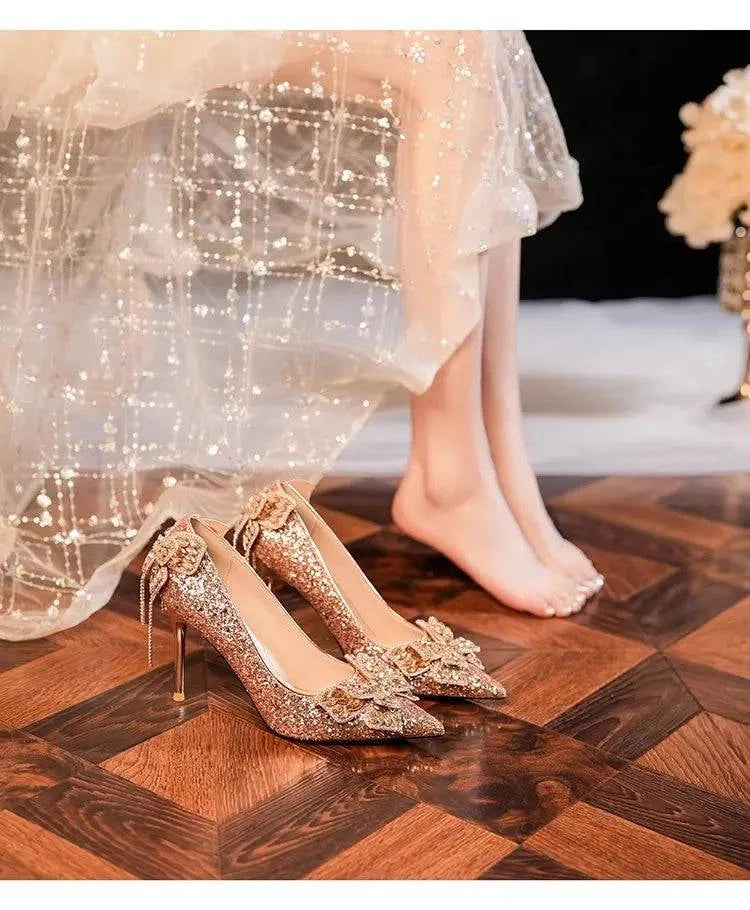 2024 LYNHURD silver high heels with bow detail, pointed toe, and crystal accents for women’s casual wear.