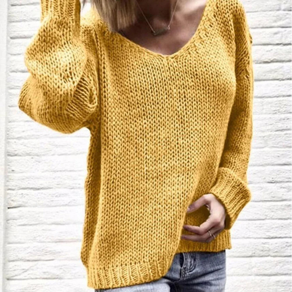 2025 New Casual Women Loose Solid Color Knitted Sweater V Neck Long Sleeve Top Women's Clothing Свитера Женские  Pull Femme