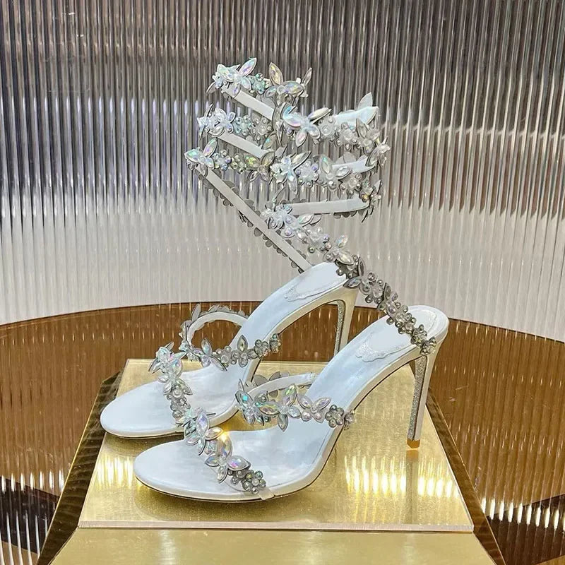 Women Thin High Heels Elastic Strap Gladiator Sandals Bling Rhinestone Flower Decor Sandalias  Summer Bridesmaid Dress Shoes