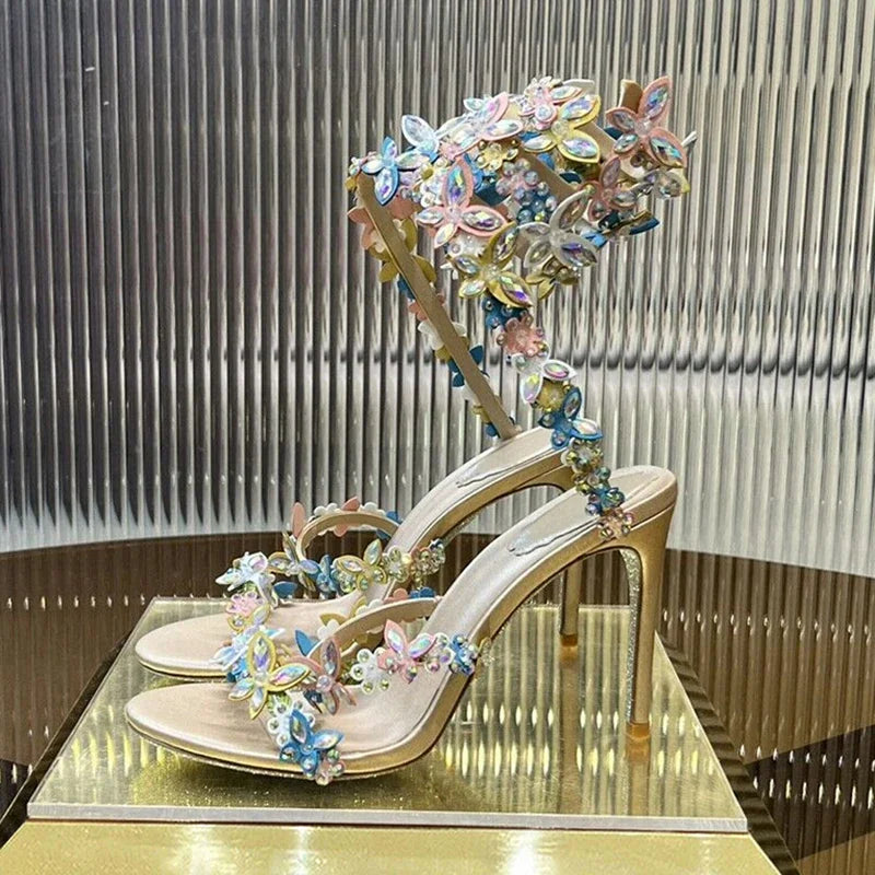 Women Thin High Heels Elastic Strap Gladiator Sandals Bling Rhinestone Flower Decor Sandalias  Summer Bridesmaid Dress Shoes