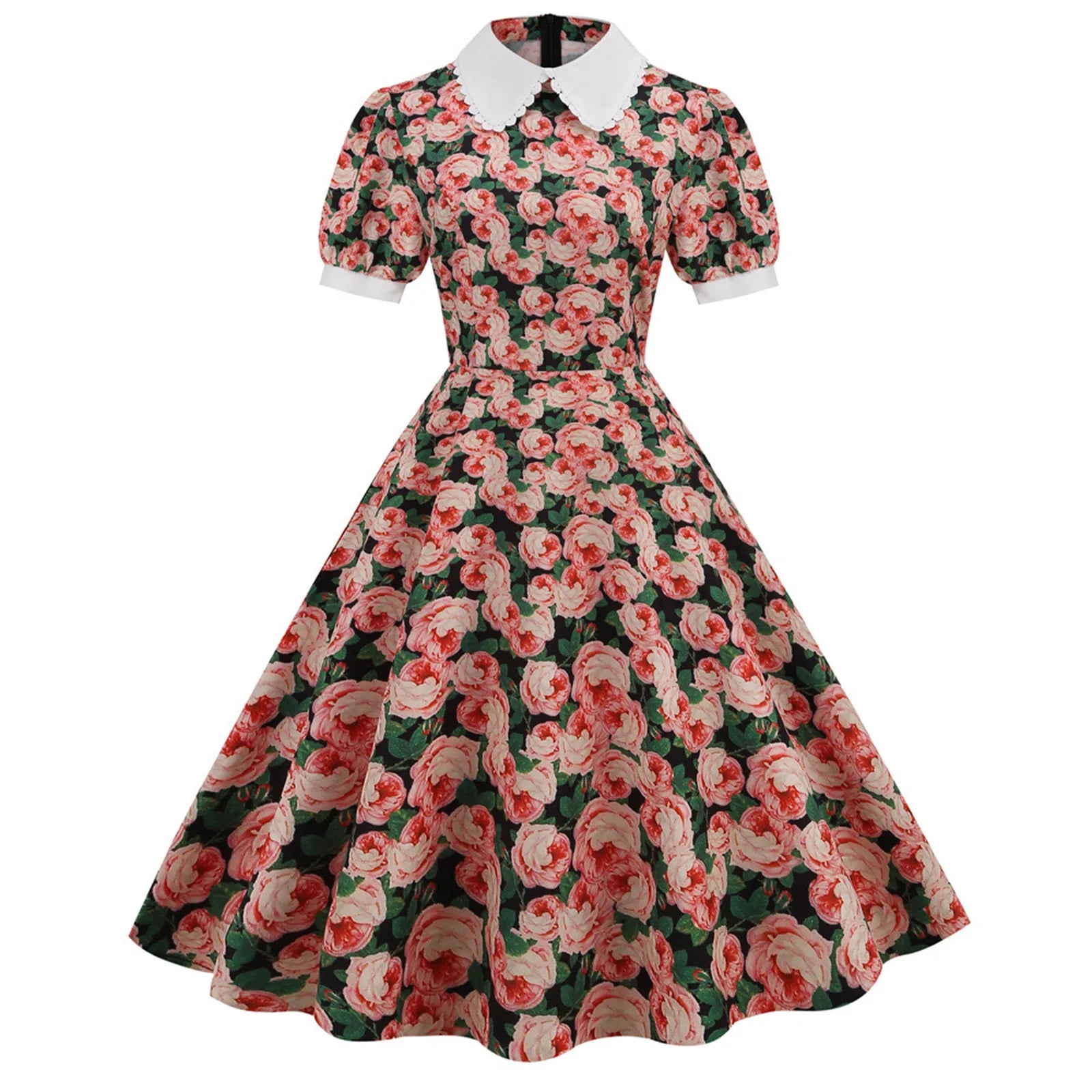 Women'S Dress Floral Printed Short Sleeve Peter Pan Collar Elegant Party Dress Retro Vintage 50s 60s Rockabilly Dresses Vestidos
