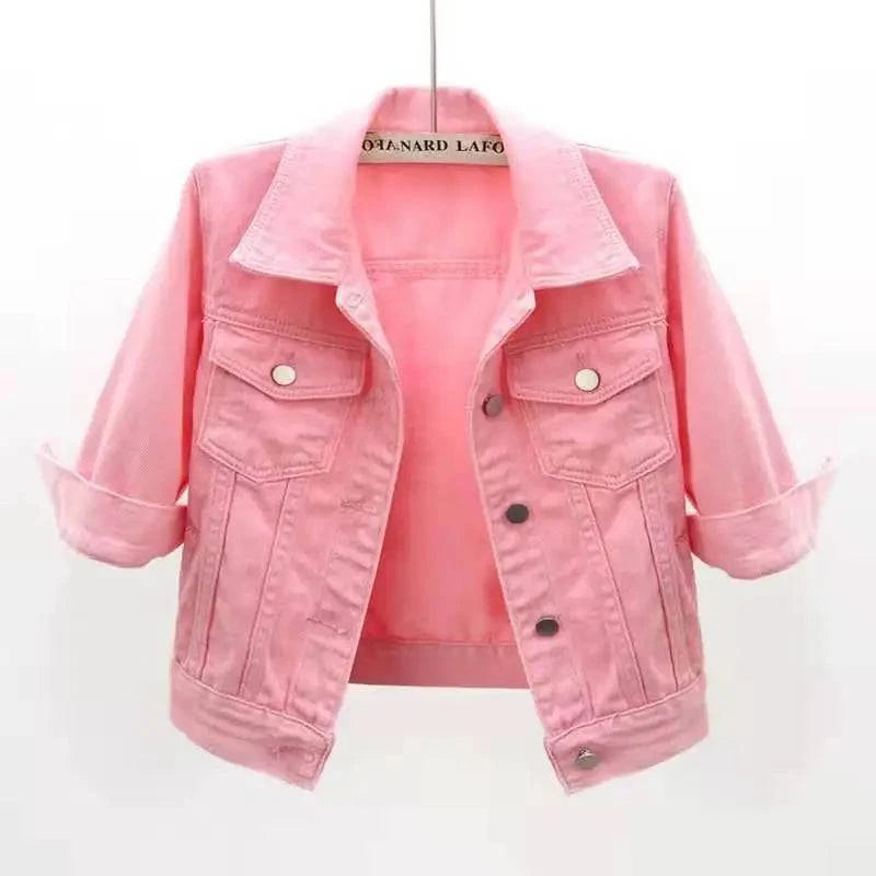 Pink denim jacket by LYNHURD, featuring a loose fit, casual style, and vibrant colors perfect for spring and autumn wear.