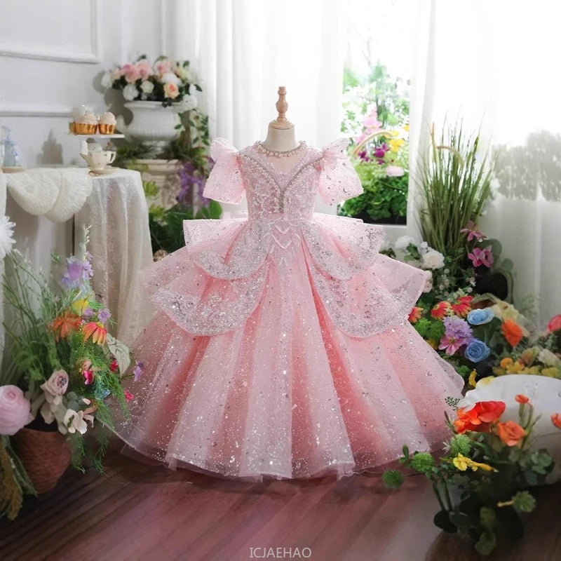 2025 Pink Girls Princess Dress Clothes Birthday Party Pageant Gown Kids Piano Recital Performance Clothes Children Summer Outfit