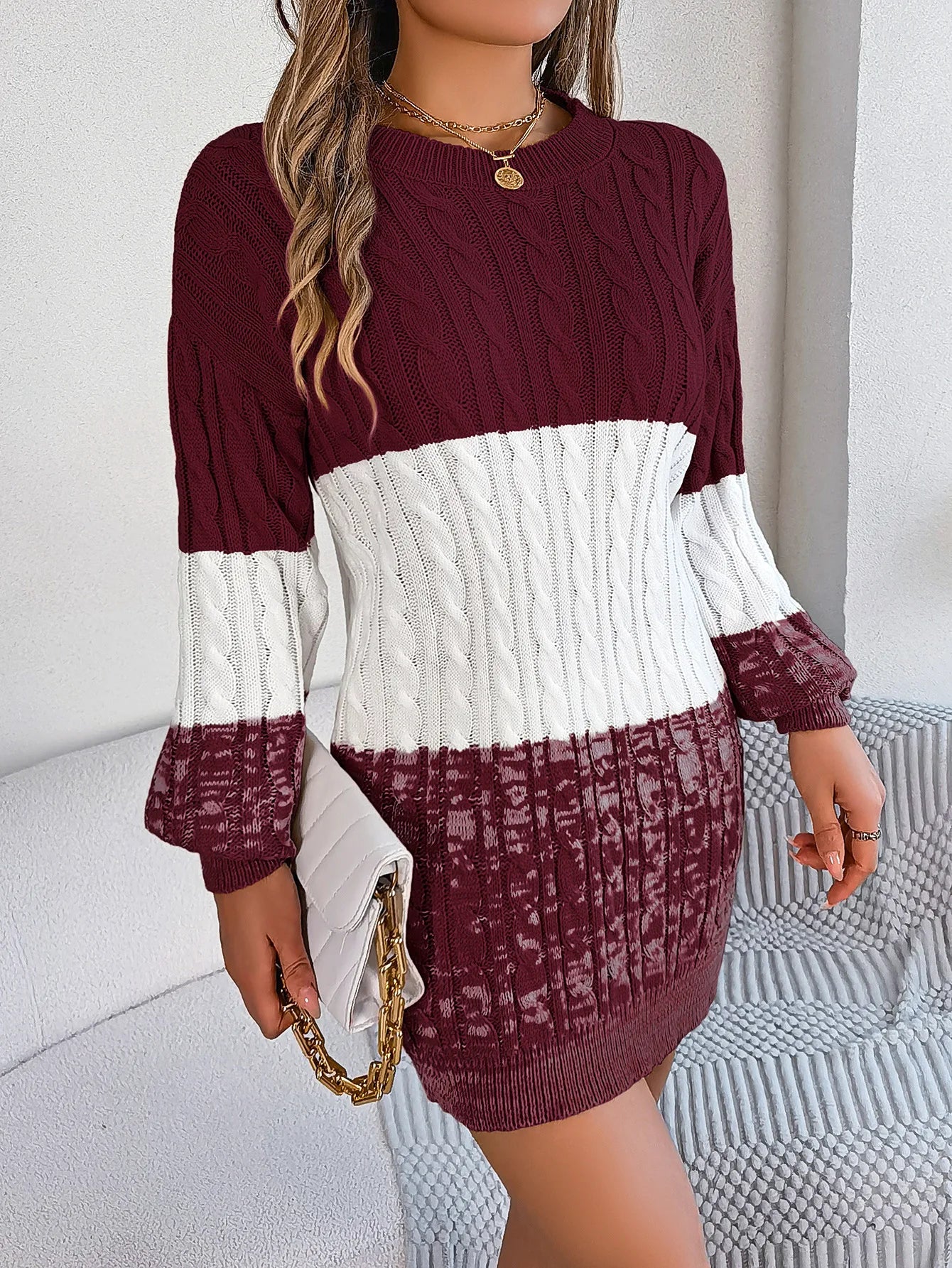 Women's Knitted Sweater Dress New Color Blocked Autumn And Winter Elegant Square Collar Button Long Sleeve Sweater Bag Hip Skirt