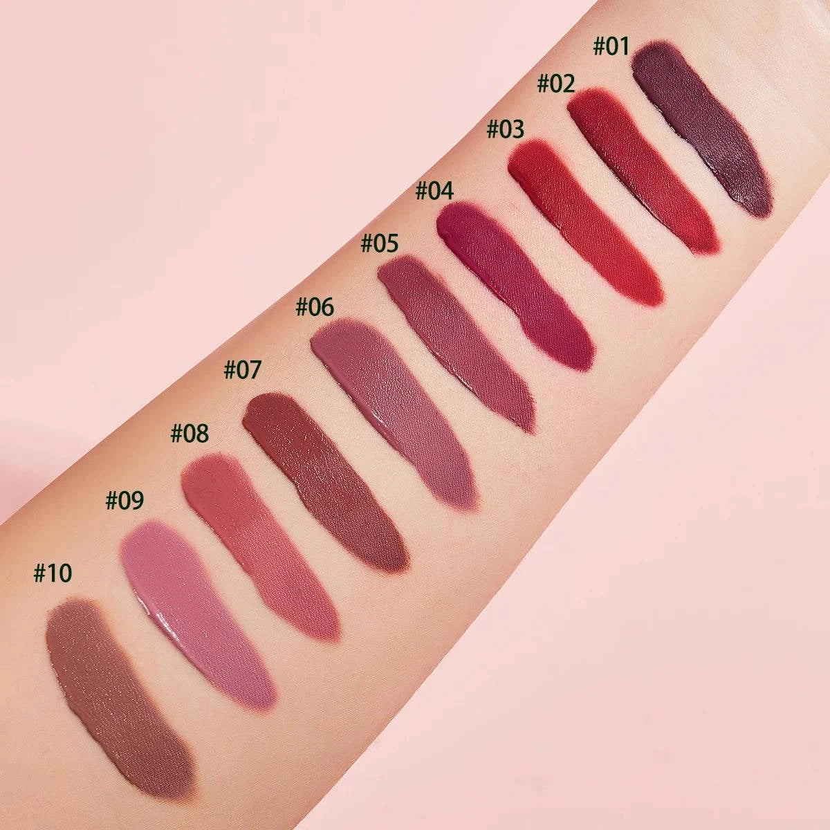 10-piece LYNHURD! velvet lipstick set showcasing waterproof, long-lasting lip gloss in various shades.