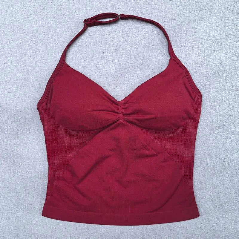 Backless halter top and high waist seamless shorts in a women's yoga set by LYNHURD! suitable for gym and fitness activities.