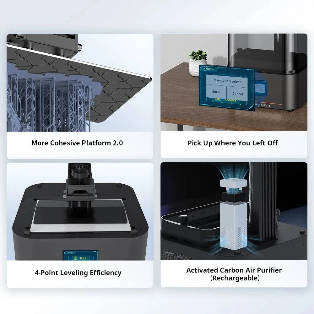 ANYCUBIC Photon Mono 4 LCD 3D printer with 7" 10K screen and 2.2L build volume, showcasing UV resin printing capabilities.