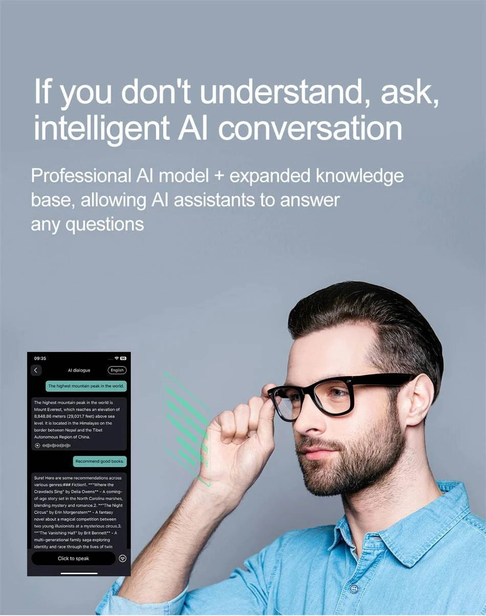 LYNHURD smart glasses for men with anti-blue lens, voice assistant, and intelligent translation features.