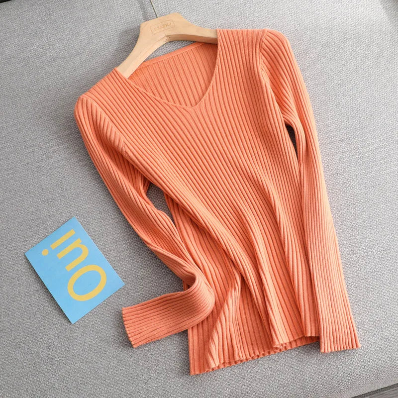 basic v-neck solid autumn winter Sweater Pullover Women Female Knitted sweater slim long sleeve
