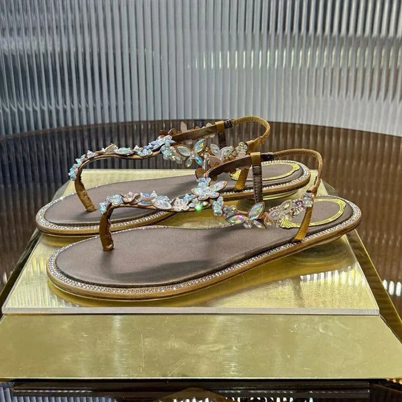 Women Thin High Heels Elastic Strap Gladiator Sandals Bling Rhinestone Flower Decor Sandalias  Summer Bridesmaid Dress Shoes