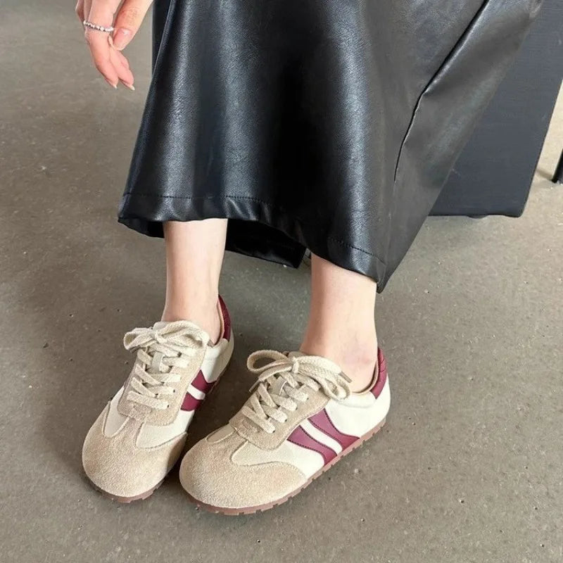 Women's Single Shoes Spring New Frosted Matching Color Laceup Sports Shoes Casual Comfortable Non-slip Wear-resistant Flat Shoes