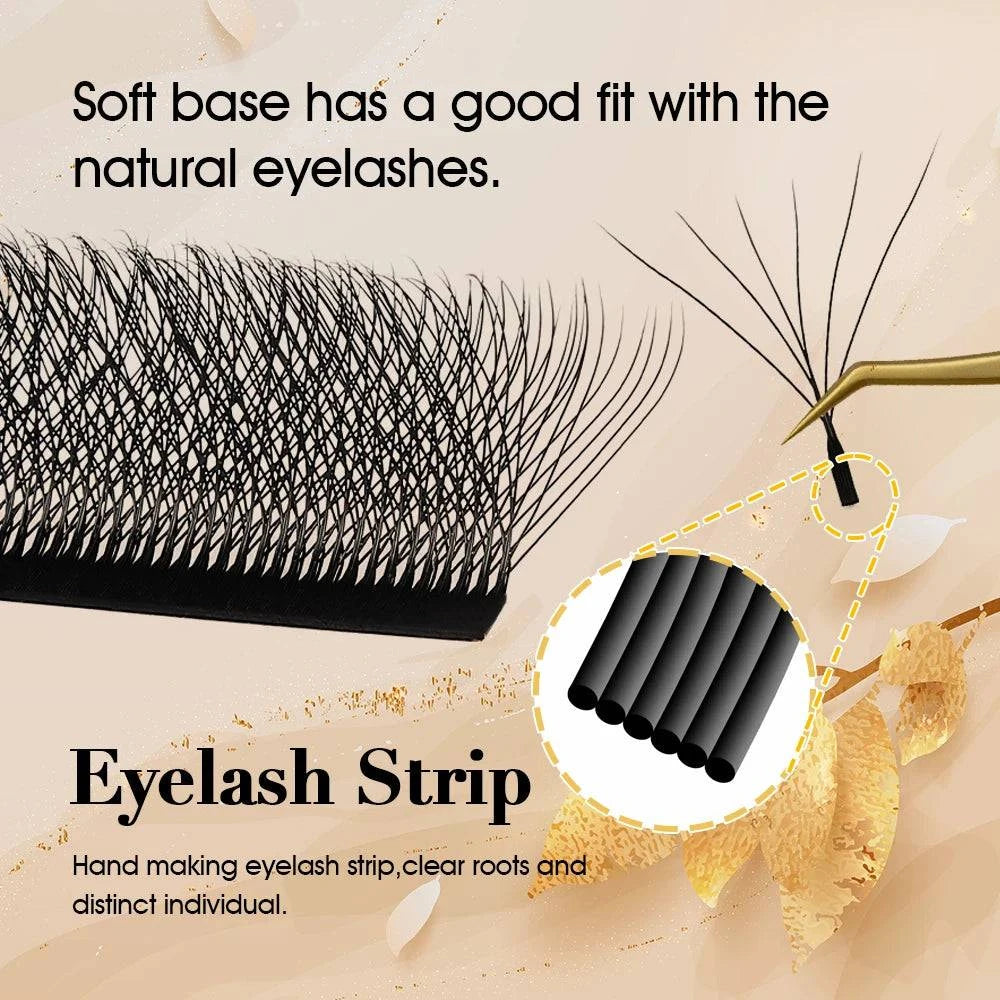 LYNHURD! W-shaped individual eyelash extensions in various dimensions, showcasing natural soft texture and lightweight design.