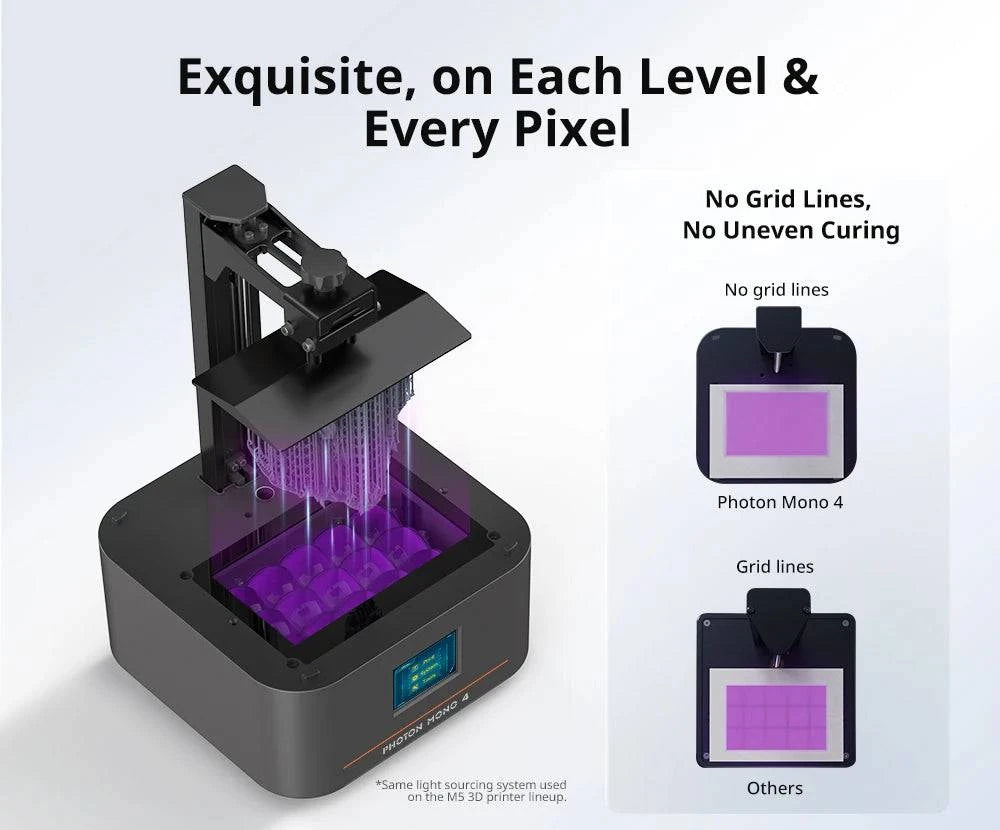 ANYCUBIC Photon Mono 4 LCD 3D printer with 10K screen and 2.2L build volume, showcasing its sleek design and features.