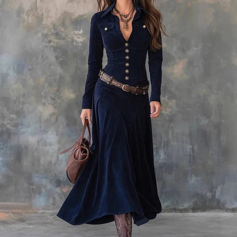 Women’s LYNHURD vintage button patchwork maxi dress with long sleeves and V-neck, perfect for autumn and winter parties.