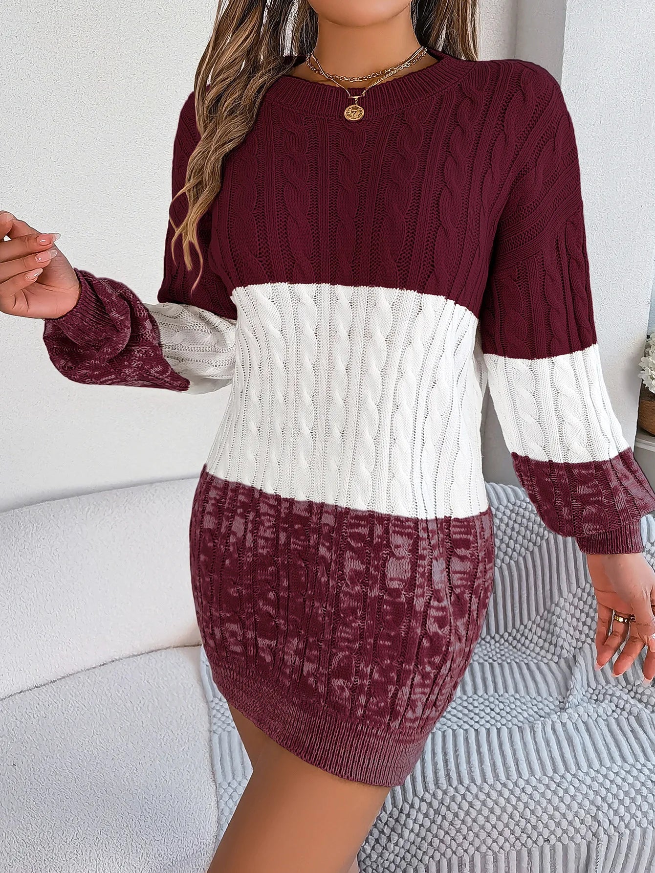 Women's Knitted Sweater Dress New Color Blocked Autumn And Winter Elegant Square Collar Button Long Sleeve Sweater Bag Hip Skirt