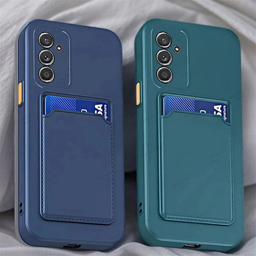 Silicone card holder phone case for Samsung Galaxy A series by LYNHURD, showcasing shockproof design and vibrant color.