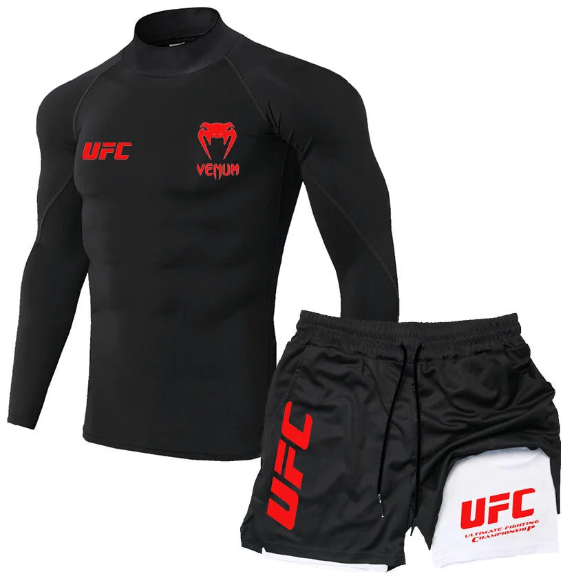 2025 Men's Breathable UFC Long Sleeve+Double Layer Pants Sports Pants Outdoor Running Fitness Training T-shirt Pants