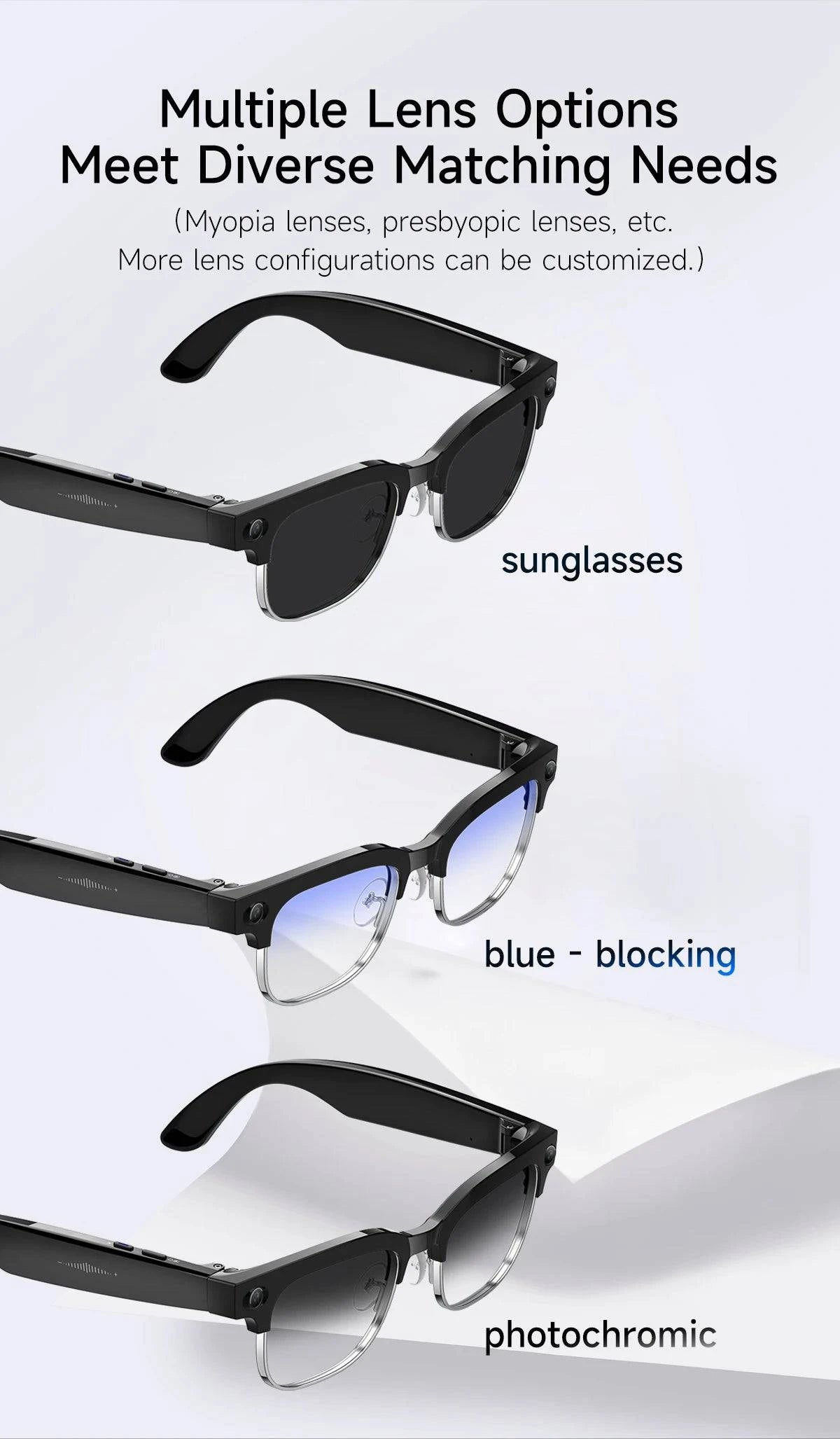 LYNHURD AI Smart Translation Glasses with 8MP camera, optical stabilization, and dual microphones for noise reduction.