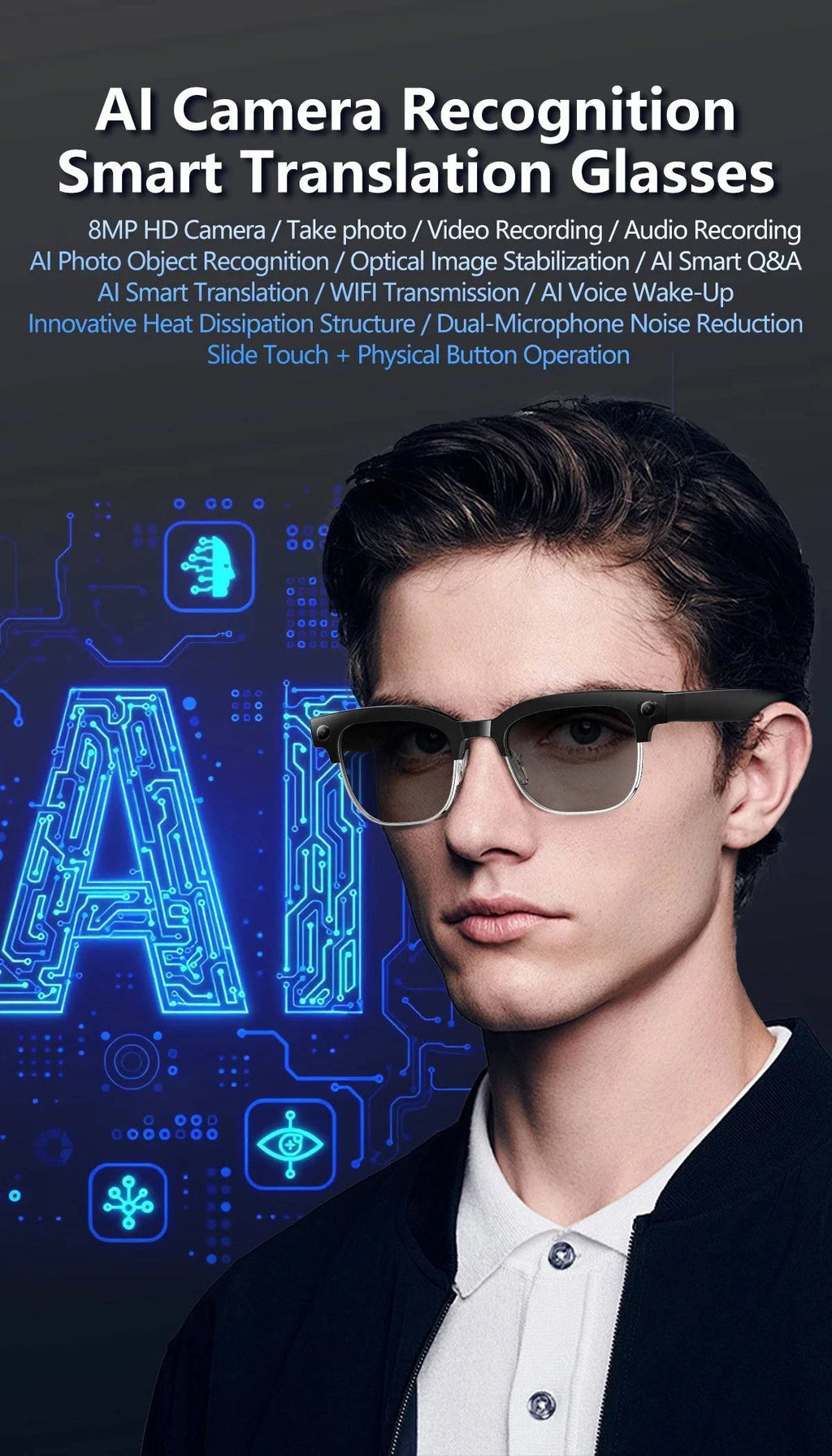 LYNHURD Smart Glasses with 8M HD camera, optical stabilization, and dual microphones for clear translation.