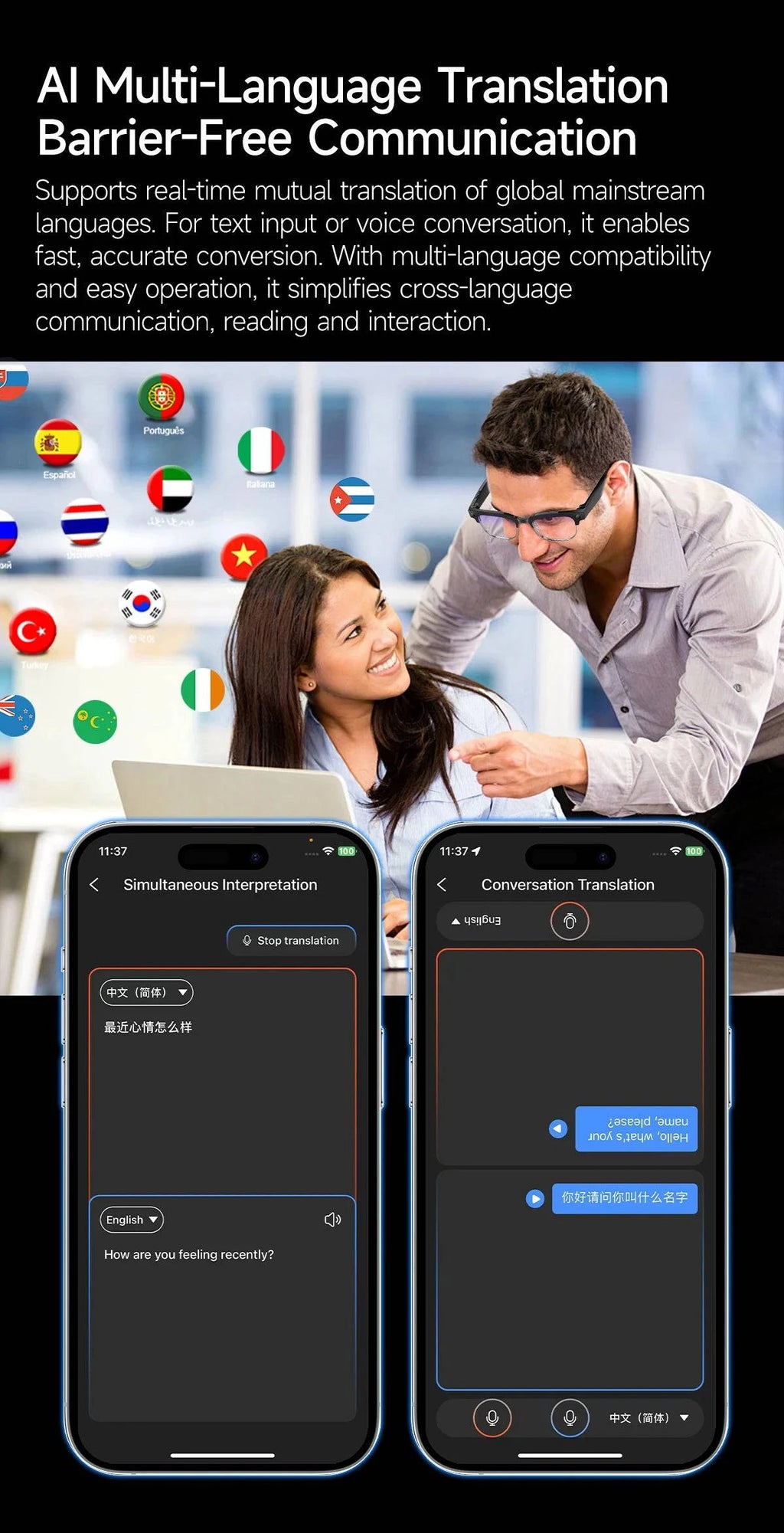 LYNHURD AI Smart Translation Glasses with 8MP camera, optical stabilization, and dual microphones for clear audio.